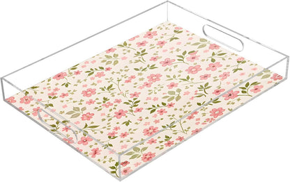 Pink Flowers Serving Tray 12" x 16" Acrylic Trays with Handles Decorative Serving Platter for Coffee, Breakfast in Bed, Dinner, Appetizers, Patio, Party