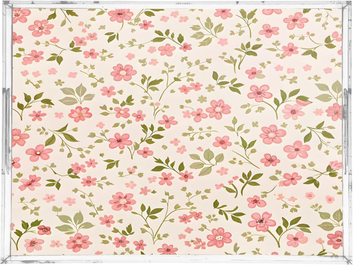 Pink Flowers Serving Tray 12" x 16" Acrylic Trays with Handles Decorative Serving Platter for Coffee, Breakfast in Bed, Dinner, Appetizers, Patio, Party