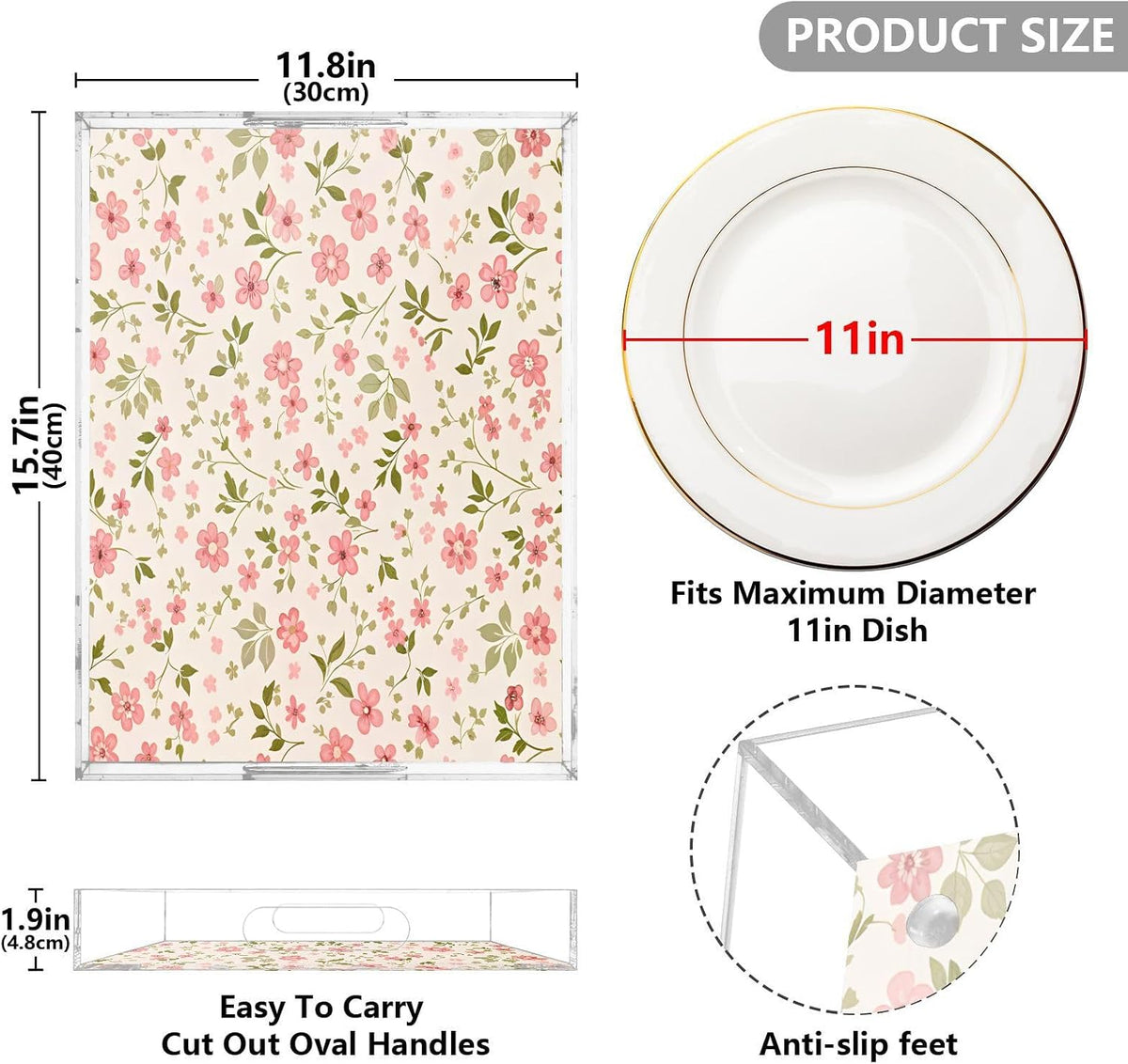Pink Flowers Serving Tray 12" x 16" Acrylic Trays with Handles Decorative Serving Platter for Coffee, Breakfast in Bed, Dinner, Appetizers, Patio, Party