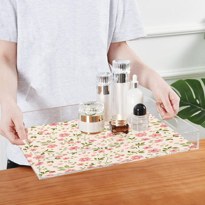 Pink Flowers Serving Tray 12" x 16" Acrylic Trays with Handles Decorative Serving Platter for Coffee, Breakfast in Bed, Dinner, Appetizers, Patio, Party