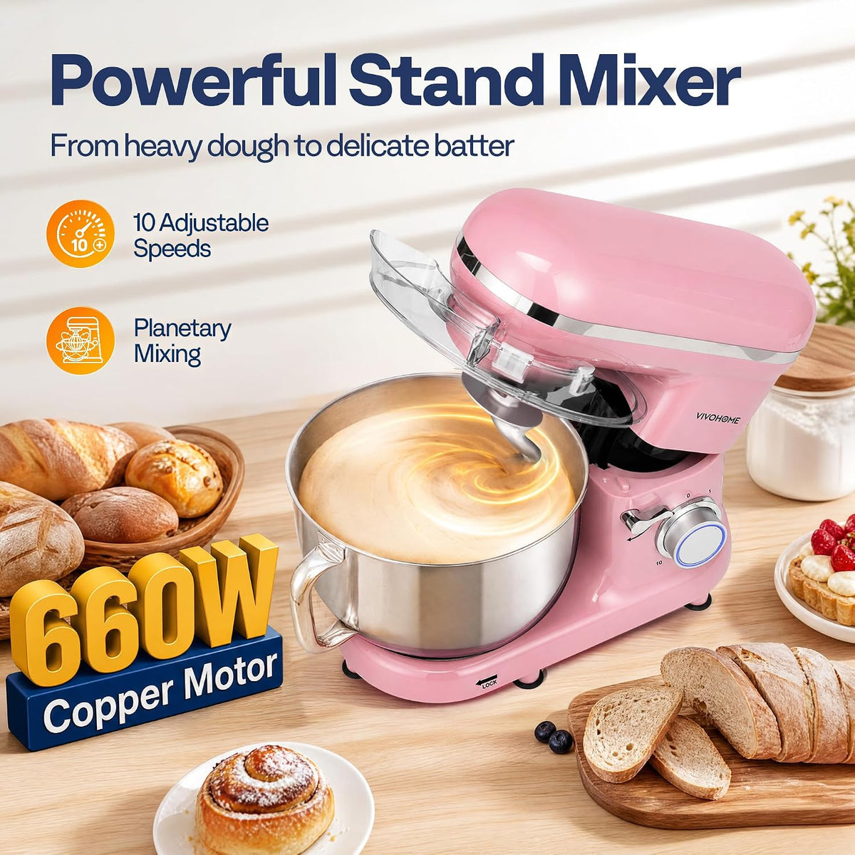 Stand Mixer, 6-Quart Tilt-Head Kitchen Mixer with Bowl, Pink