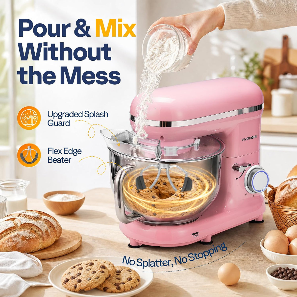 Stand Mixer, 6-Quart Tilt-Head Kitchen Mixer with Bowl, Pink