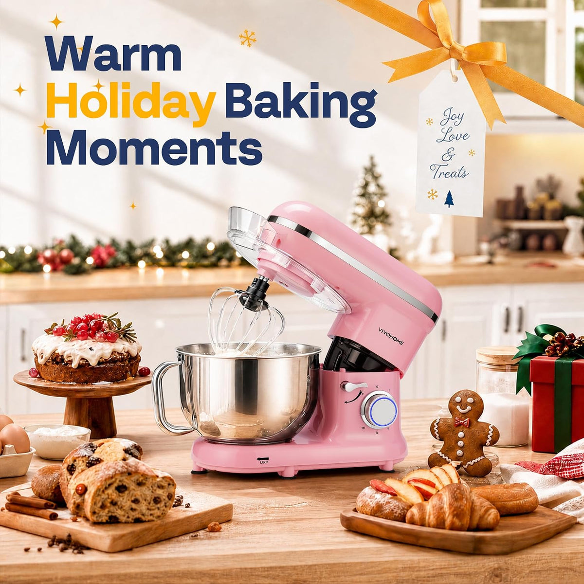 Stand Mixer, 6-Quart Tilt-Head Kitchen Mixer with Bowl, Pink