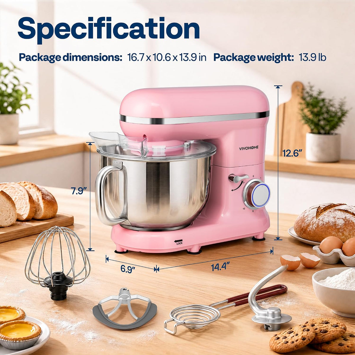 Stand Mixer, 6-Quart Tilt-Head Kitchen Mixer with Bowl, Pink