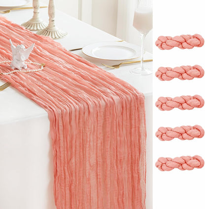 Sioloc 5 Pack Peach Coral Cheesecloth Table Runner 120'' x 35'',Spring Easter Decor Soft Gauze Boho Wedding Table Decor for 10ft Table Birthday Party,Baby Shower, Bridal Shower, Home & Event Decor
