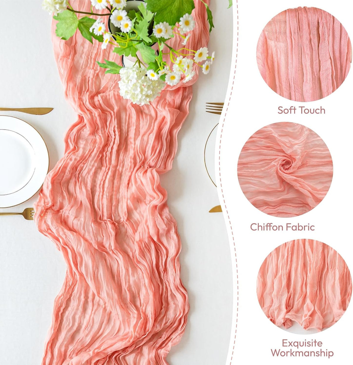 Sioloc 5 Pack Peach Coral Cheesecloth Table Runner 120'' x 35'',Spring Easter Decor Soft Gauze Boho Wedding Table Decor for 10ft Table Birthday Party,Baby Shower, Bridal Shower, Home & Event Decor