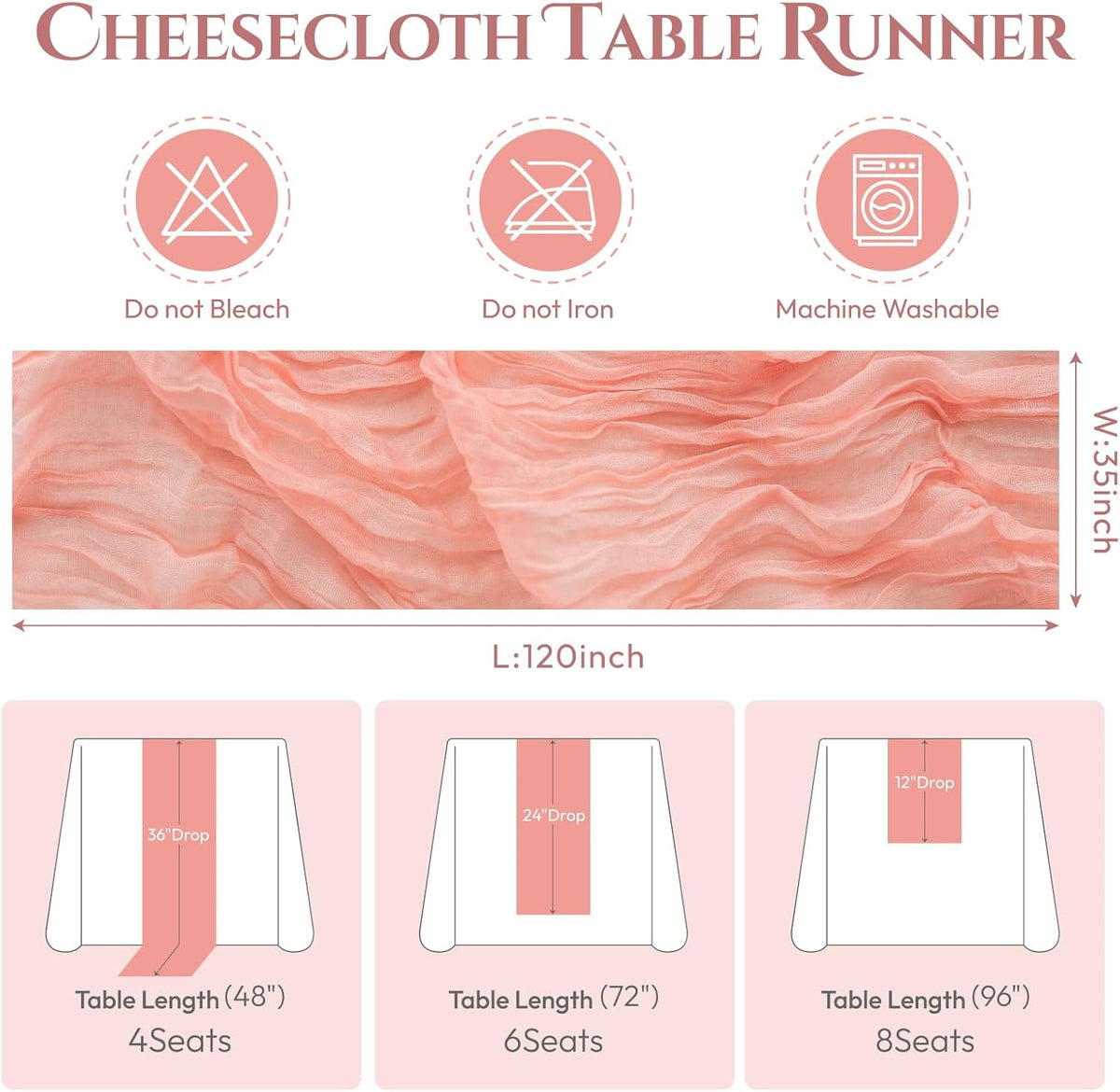 Sioloc 5 Pack Peach Coral Cheesecloth Table Runner 120'' x 35'',Spring Easter Decor Soft Gauze Boho Wedding Table Decor for 10ft Table Birthday Party,Baby Shower, Bridal Shower, Home & Event Decor