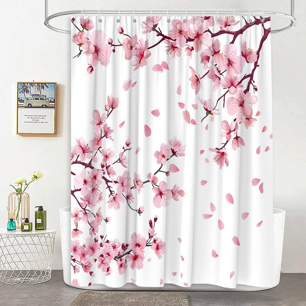 Pink Cherry Blossom Shower Curtain Japanese Floral, 70x70 Inch