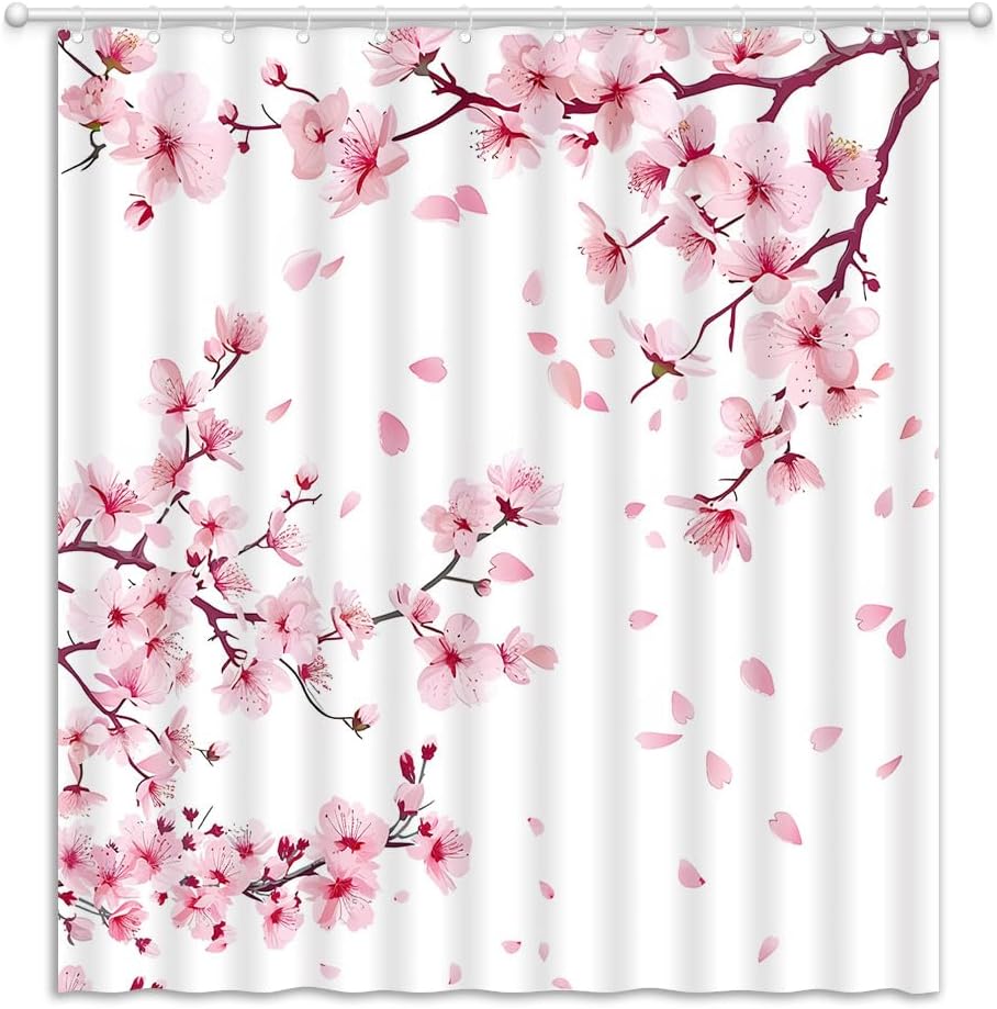 Pink Cherry Blossom Shower Curtain Japanese Floral, 70x70 Inch