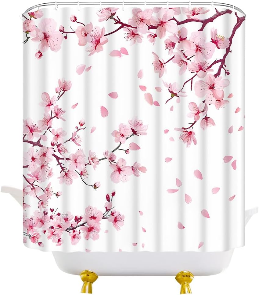 Pink Cherry Blossom Shower Curtain Japanese Floral, 70x70 Inch