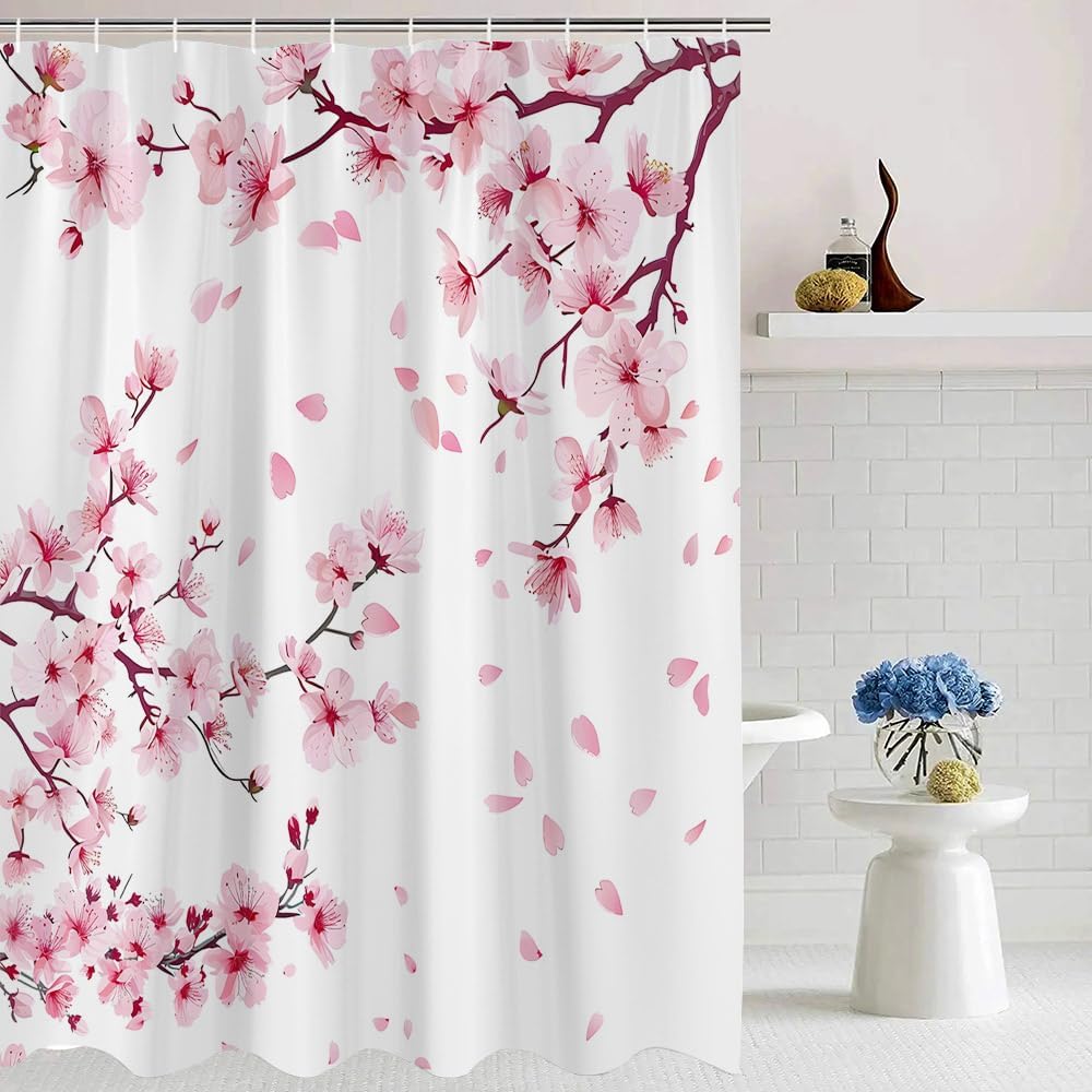 Pink Cherry Blossom Shower Curtain Japanese Floral, 70x70 Inch