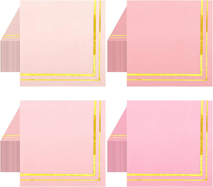 200 Pcs Pink Mix Cocktail Napkins with Gold Foil Accents, Folded 5 x 5 Inches Disposable Bar Paper Napkin Beverage Party Napkins for Wedding Baby Shower Dinner Birthday Party Supplies