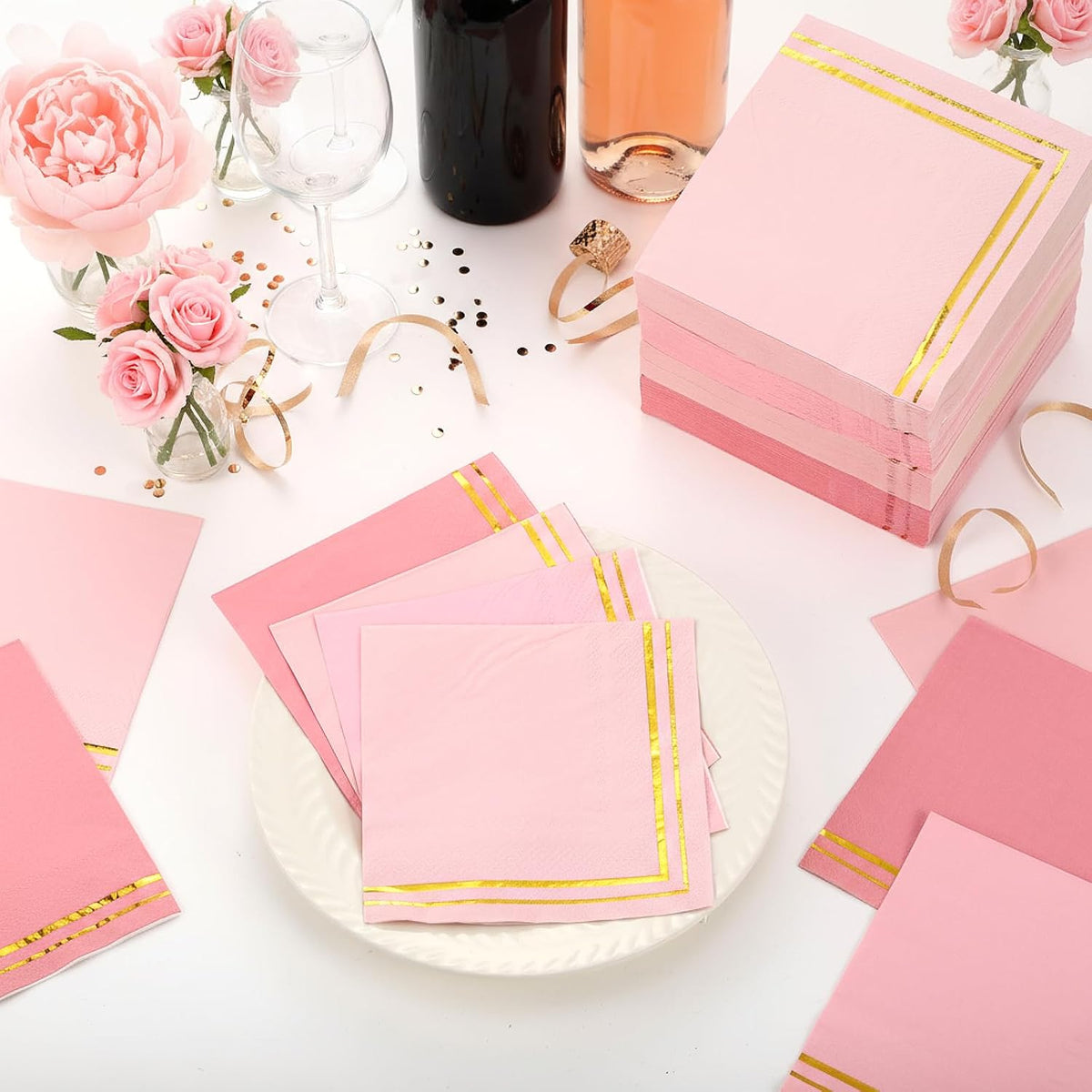 200 Pcs Pink Mix Cocktail Napkins with Gold Foil Accents, Folded 5 x 5 Inches Disposable Bar Paper Napkin Beverage Party Napkins for Wedding Baby Shower Dinner Birthday Party Supplies