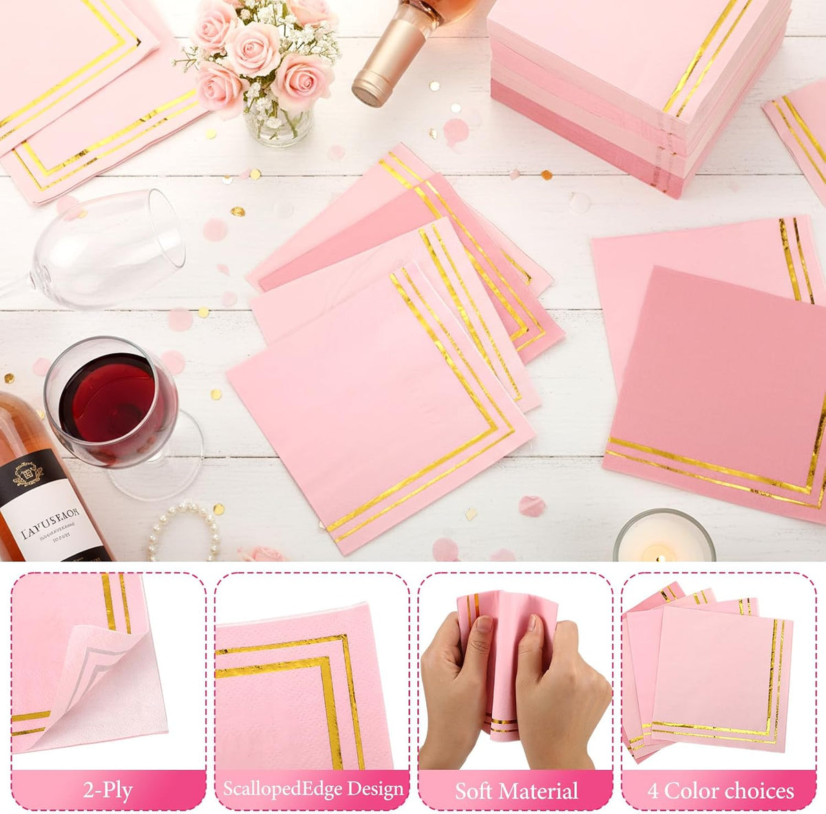 200 Pcs Pink Mix Cocktail Napkins with Gold Foil Accents, Folded 5 x 5 Inches Disposable Bar Paper Napkin Beverage Party Napkins for Wedding Baby Shower Dinner Birthday Party Supplies