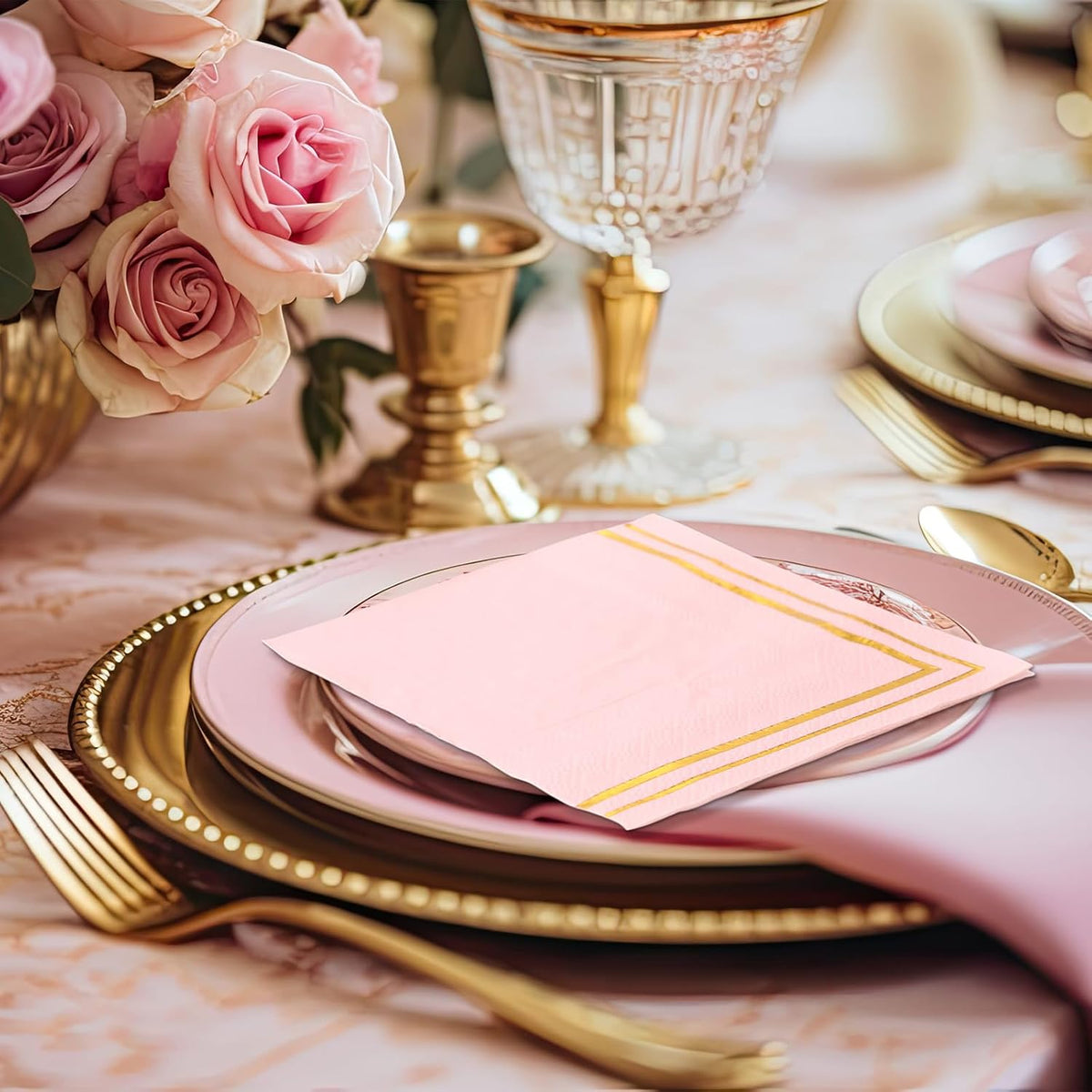 200 Pcs Pink Mix Cocktail Napkins with Gold Foil Accents, Folded 5 x 5 Inches Disposable Bar Paper Napkin Beverage Party Napkins for Wedding Baby Shower Dinner Birthday Party Supplies