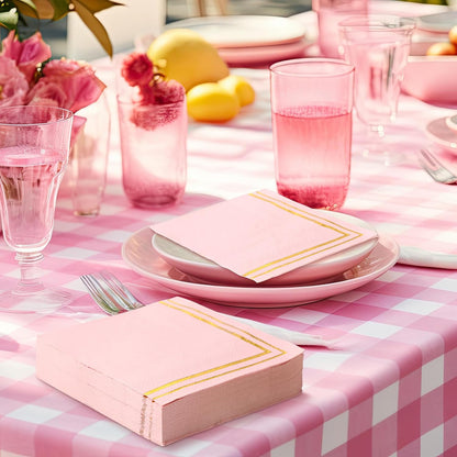 200 Pcs Pink Mix Cocktail Napkins with Gold Foil Accents, Folded 5 x 5 Inches Disposable Bar Paper Napkin Beverage Party Napkins for Wedding Baby Shower Dinner Birthday Party Supplies