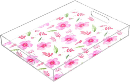 Soft Pink Flowers Serving Tray, Decorative Ottoman Trays with Handles for Breakfast, Coffee Table, Dining Room, Party - 16" x 12"