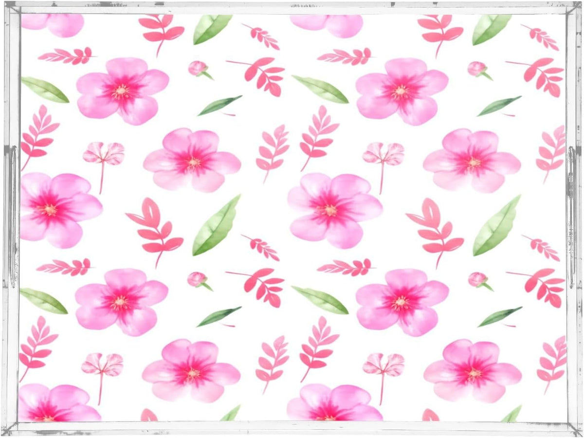 Soft Pink Flowers Serving Tray, Decorative Ottoman Trays with Handles for Breakfast, Coffee Table, Dining Room, Party - 16" x 12"