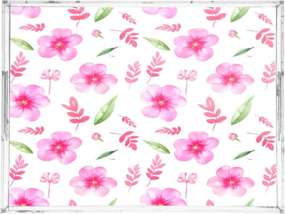 Soft Pink Flowers Serving Tray, Decorative Ottoman Trays with Handles for Breakfast, Coffee Table, Dining Room, Party - 16" x 12"