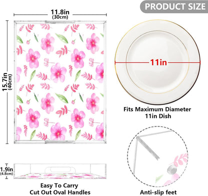 Soft Pink Flowers Serving Tray, Decorative Ottoman Trays with Handles for Breakfast, Coffee Table, Dining Room, Party - 16" x 12"