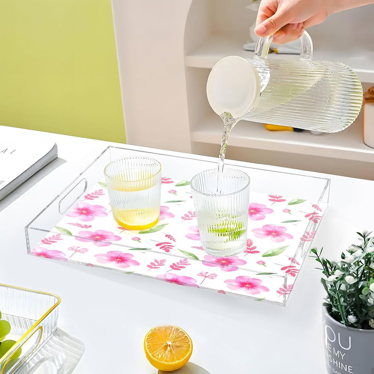 Soft Pink Flowers Serving Tray, Decorative Ottoman Trays with Handles for Breakfast, Coffee Table, Dining Room, Party - 16" x 12"