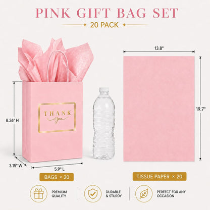 20 Pack Pink Thank You Gift Bags with Handles, 5.9x3.15x8.26 In