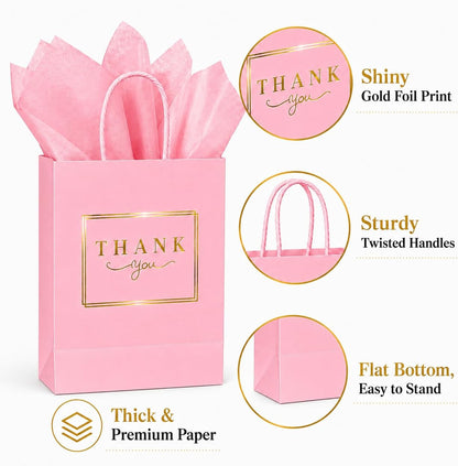 20 Pack Pink Thank You Gift Bags with Handles, 5.9x3.15x8.26 In