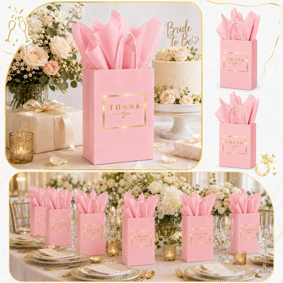 20 Pack Pink Thank You Gift Bags with Handles, 5.9x3.15x8.26 In
