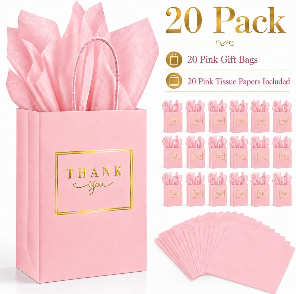 20 Pack Pink Thank You Gift Bags with Handles, 5.9x3.15x8.26 In