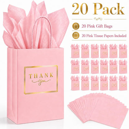 20 Pack Pink Thank You Gift Bags with Handles, 5.9x3.15x8.26 In