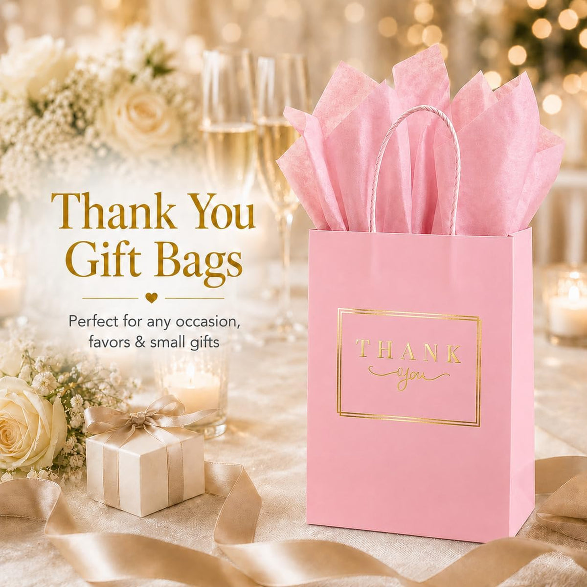 20 Pack Pink Thank You Gift Bags with Handles, 5.9x3.15x8.26 In