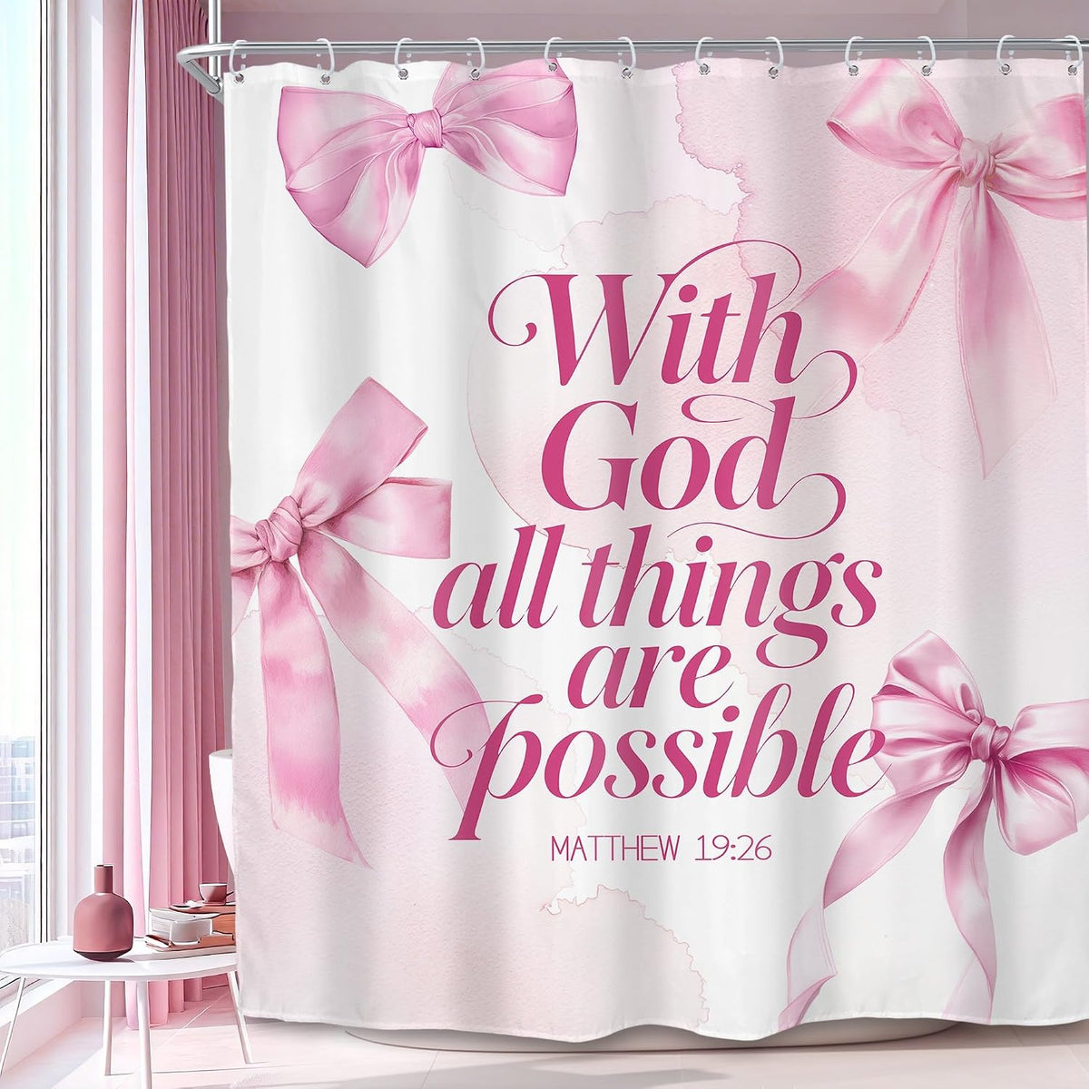 Pink Bow Bible Verse Coquette Bowknot Cute Bathroom Shower Curtain Set