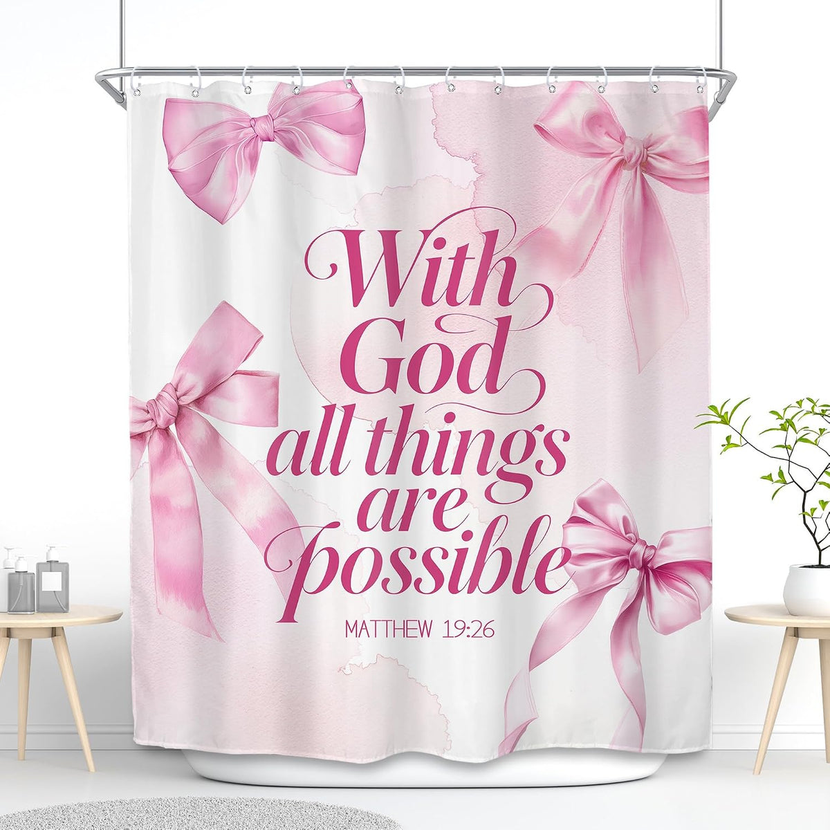 Pink Bow Bible Verse Coquette Bowknot Cute Bathroom Shower Curtain Set
