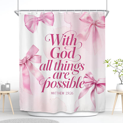 Pink Bow Bible Verse Coquette Bowknot Cute Bathroom Shower Curtain Set
