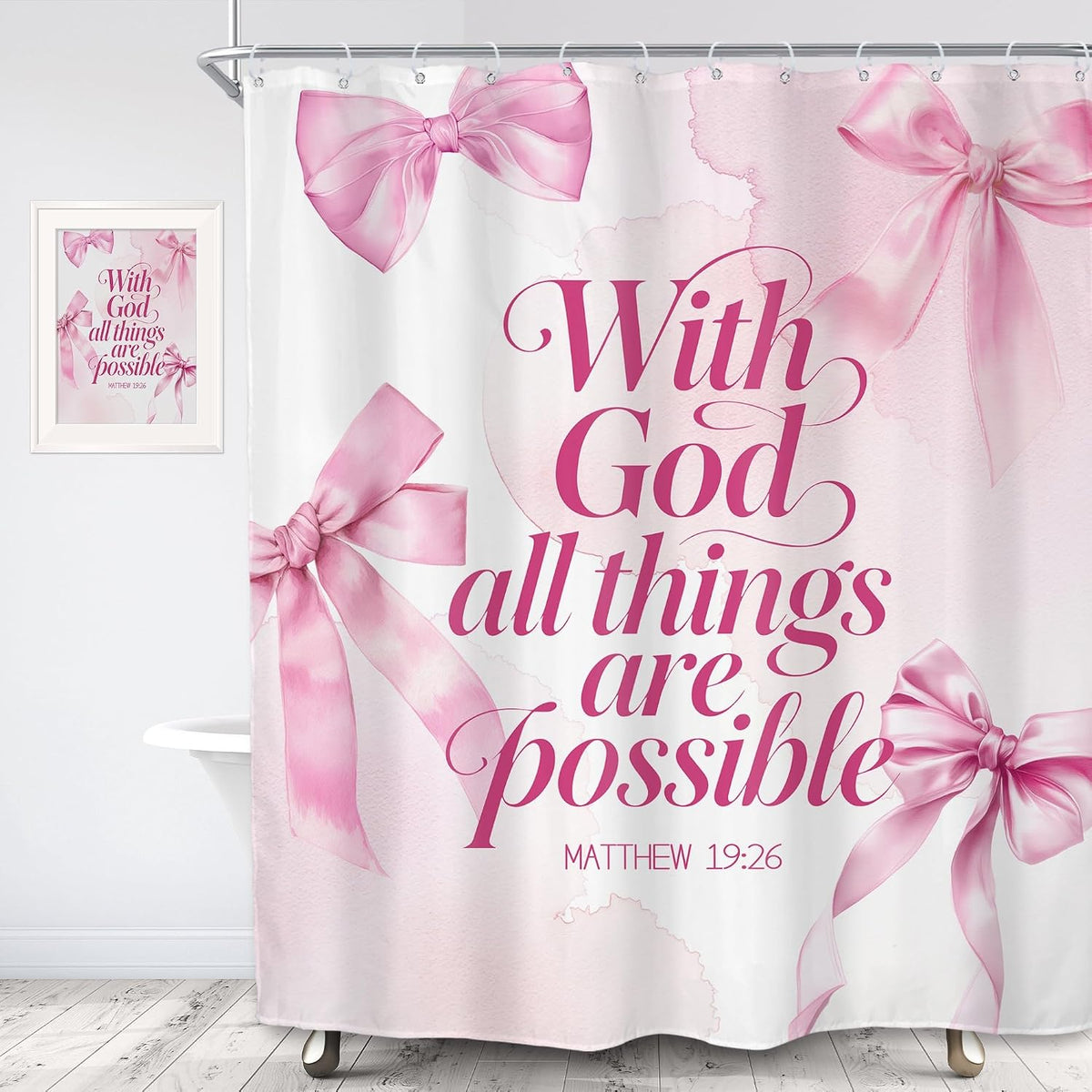 Pink Bow Bible Verse Coquette Bowknot Cute Bathroom Shower Curtain Set