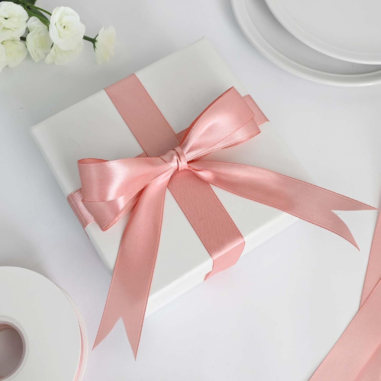 7/8 inch Wide 100 Yards Double Face Peach Satin Ribbon Fabric Ribbon for Gift Wrapping Very Suitable for Weddings Decoration Bouquet Balloons Arts Craft Sewing Hair Bow Invitation