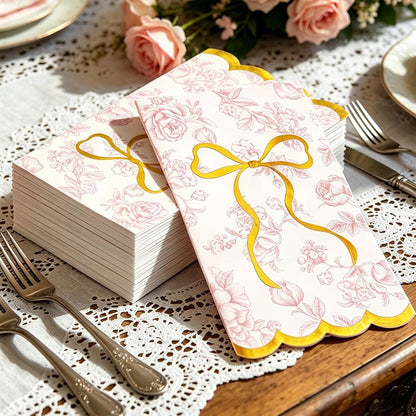 40Pcs Pink Floral Bow Guest Napkin Disposable Paper Napkins Scalloped Gold Foil Bow Dinner Hand Napkins for Mother's Day Coquette Birthday Wedding Party Supplies Table Decor