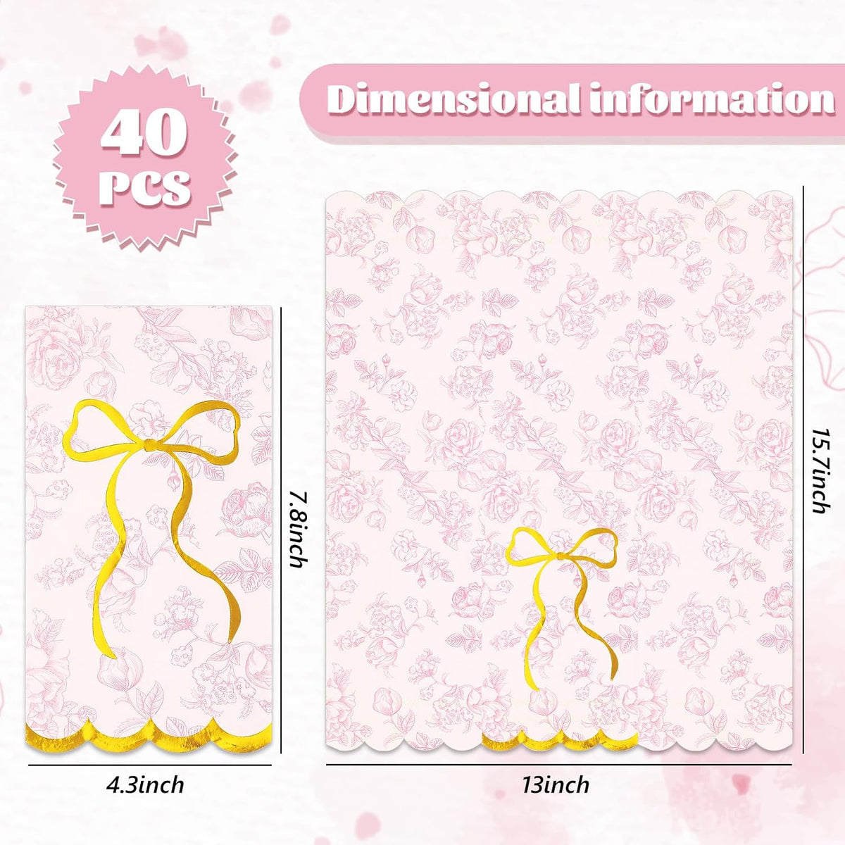 40Pcs Pink Floral Bow Guest Napkin Disposable Paper Napkins Scalloped Gold Foil Bow Dinner Hand Napkins for Mother's Day Coquette Birthday Wedding Party Supplies Table Decor