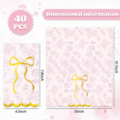 40Pcs Pink Floral Bow Guest Napkin Disposable Paper Napkins Scalloped Gold Foil Bow Dinner Hand Napkins for Mother's Day Coquette Birthday Wedding Party Supplies Table Decor