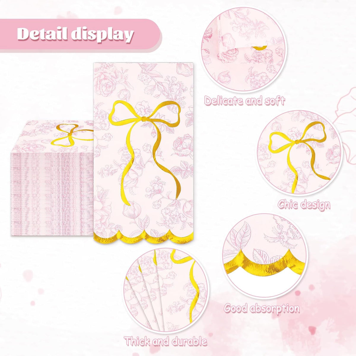 40Pcs Pink Floral Bow Guest Napkin Disposable Paper Napkins Scalloped Gold Foil Bow Dinner Hand Napkins for Mother's Day Coquette Birthday Wedding Party Supplies Table Decor
