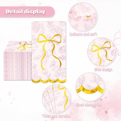 40Pcs Pink Floral Bow Guest Napkin Disposable Paper Napkins Scalloped Gold Foil Bow Dinner Hand Napkins for Mother's Day Coquette Birthday Wedding Party Supplies Table Decor