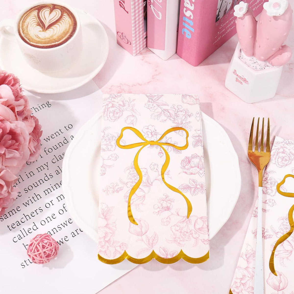 40Pcs Pink Floral Bow Guest Napkin Disposable Paper Napkins Scalloped Gold Foil Bow Dinner Hand Napkins for Mother's Day Coquette Birthday Wedding Party Supplies Table Decor