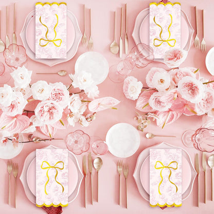 40Pcs Pink Floral Bow Guest Napkin Disposable Paper Napkins Scalloped Gold Foil Bow Dinner Hand Napkins for Mother's Day Coquette Birthday Wedding Party Supplies Table Decor