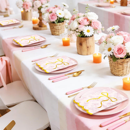 40Pcs Pink Floral Bow Guest Napkin Disposable Paper Napkins Scalloped Gold Foil Bow Dinner Hand Napkins for Mother's Day Coquette Birthday Wedding Party Supplies Table Decor