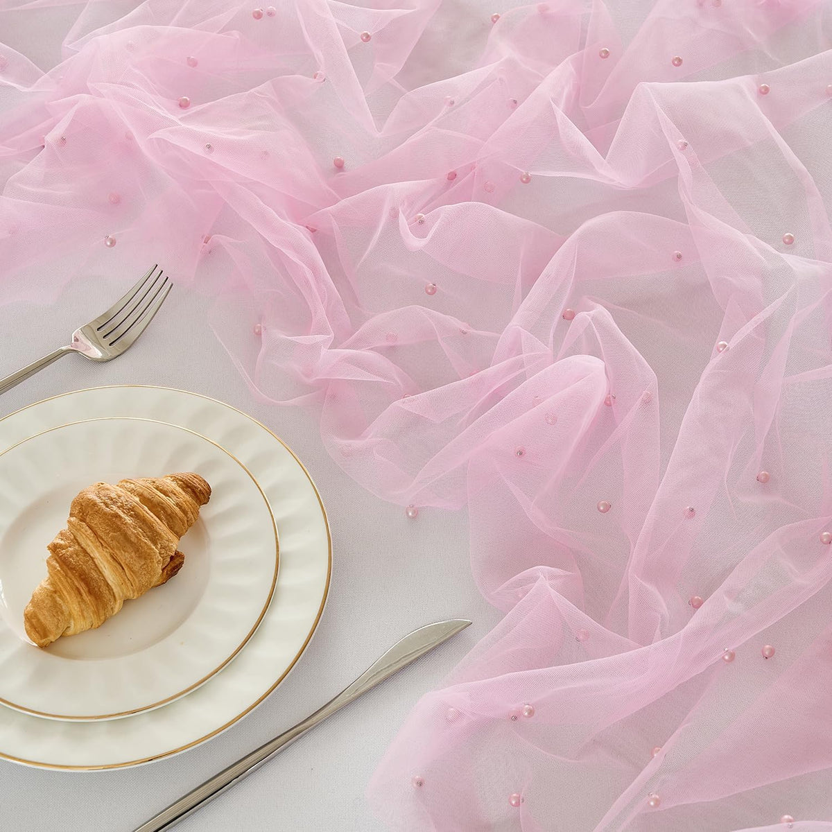 6 Pack Pearl Table Runner -10FT Blush Pink Boho Tulle Table Runners 120 Inches Long Rustic Sheer Lace Fabric Centerpieces for Wedding Arch Birthday Party Bridal Veil Baby Shower Decorations