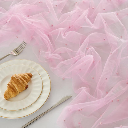 6 Pack Pearl Table Runner -10FT Blush Pink Boho Tulle Table Runners 120 Inches Long Rustic Sheer Lace Fabric Centerpieces for Wedding Arch Birthday Party Bridal Veil Baby Shower Decorations