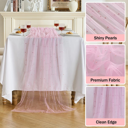 6 Pack Pearl Table Runner -10FT Blush Pink Boho Tulle Table Runners 120 Inches Long Rustic Sheer Lace Fabric Centerpieces for Wedding Arch Birthday Party Bridal Veil Baby Shower Decorations