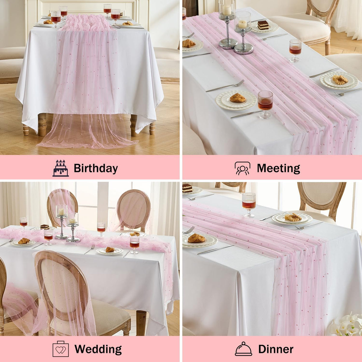 6 Pack Pearl Table Runner -10FT Blush Pink Boho Tulle Table Runners 120 Inches Long Rustic Sheer Lace Fabric Centerpieces for Wedding Arch Birthday Party Bridal Veil Baby Shower Decorations