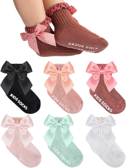 6 Pairs Baby Girl Ruffle Socks with Bow Non Slip Grippy Cotton Frilly Crew Fancy Dress Socks Newborn Infant Toddler