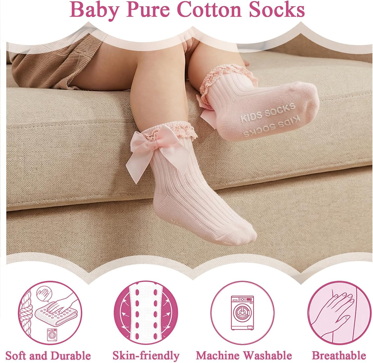 6 Pairs Baby Girl Ruffle Socks with Bow Non Slip Grippy Cotton Frilly Crew Fancy Dress Socks Newborn Infant Toddler